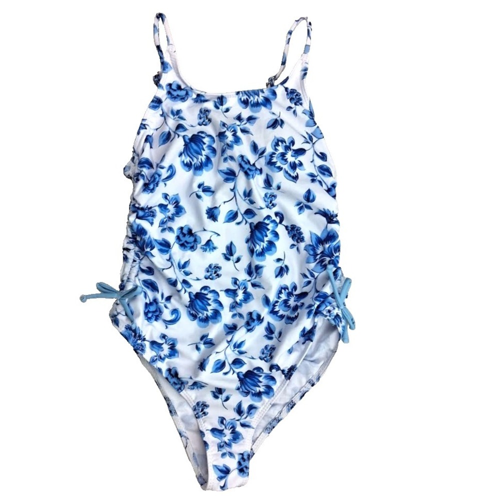 Girls Sz 12 Floral One Piece Swimsuit Tie Side Spaghetti Strap Blue White Flower